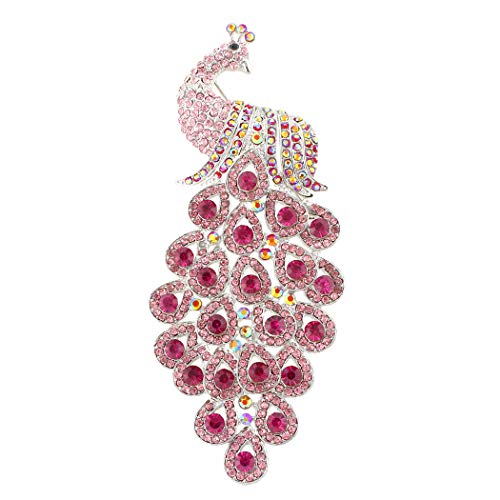 EVER FAITH New 5 Inch Peacock Pin Brooch Pendant Austrian Crystal - color: Silver-Tone Pink