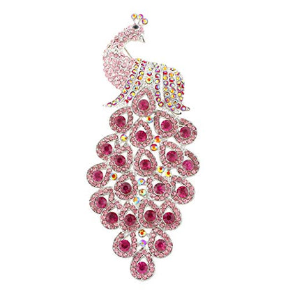 EVER FAITH New 5 Inch Peacock Pin Brooch Pendant Austrian Crystal - color: Silver-Tone Pink