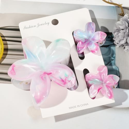 Flower Hair Clips for Women Girls Claw Clips Light Rose Pink Plumeria with Marble Design Barrettes Summer Hair Clip Fashion Hair Styling Accessories for Thick Thin Hair(3Pcs: 1 Large 2Small) - color: Light Rose-Pink