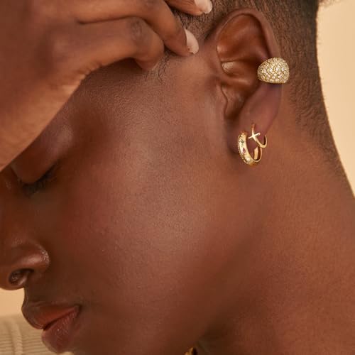 Women Gold Earrings Huggie Hoop Cubic Zirconia 14K Gold Plated Small Simple Hypoallergenic Everyday Jewelry - style: Ridge Rainbow