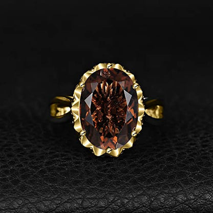 JewelryPalace Huge Oval Shape 5.7ct Genuine Smoky Quartz Cocktail Rings for Her, 14K White Yellow Rose Gold Plated 925 Sterling Silver Ring for Women, Natural Gemstone Jewelry Sets Rings - color: 2-Yellow Gold Plated