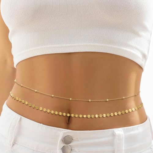 14K Gold Plated Waist Chain for Women, Layered Belly Body Chain | 2Pcs Adjustable Fit, Layered Design, Dainty Chain Styles, Bikini, Dress & Rave Outfits, Beach, Festival & Vacation - color: Gold-Plated 10