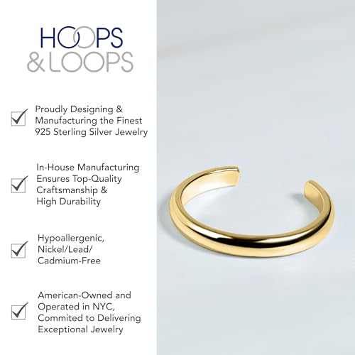 Hoops & Loops 925 Sterling Silver Open Toe Ring for Women & Men, Minimalist Adjustable Band, Tarnish Resistant, Hypoallergenic, Silver, Gold, Rose Gold, Black - color: Gold