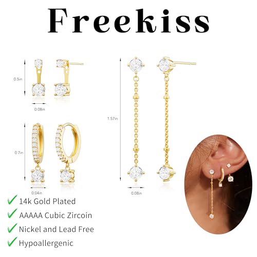 Freekiss 3 Pairs Hoop Earrings Set - Dainty Stud Dangle Cartilage for Women | Hypoallergenic Earrings, Cubic Zirconia Stackable Trendy Small Set Jewelry Gifts for Women - style: 3 CZ Long Stud-GD