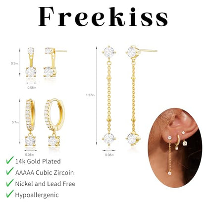 Freekiss 3 Pairs Hoop Earrings Set - Dainty Stud Dangle Cartilage for Women | Hypoallergenic Earrings, Cubic Zirconia Stackable Trendy Small Set Jewelry Gifts for Women - style: 3 CZ Long Stud-GD