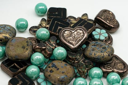 45+ pcs (2.1oz=60g) of Focal Glass Bead Mix with Table-Cut Flower and Butterfly Beads, PG Turqouise Brown Brass - color: Focal Brown Turqouise
