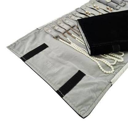 Travel Roll Bag Jewelry Display Storage Organizer Multi-function Velvet Pouch (Black and grey) - color: Black and grey