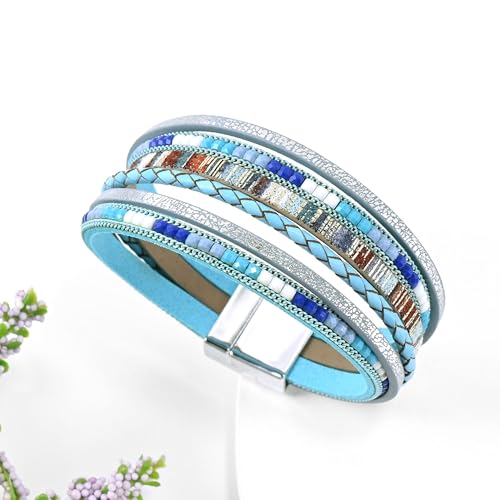 VIBILIA Boho Leather Wrap Bracelets for Women Multi-Layer Bracelets | With Strong Clasp Jewelry for Women - color: 03-BohoBraid-Blue