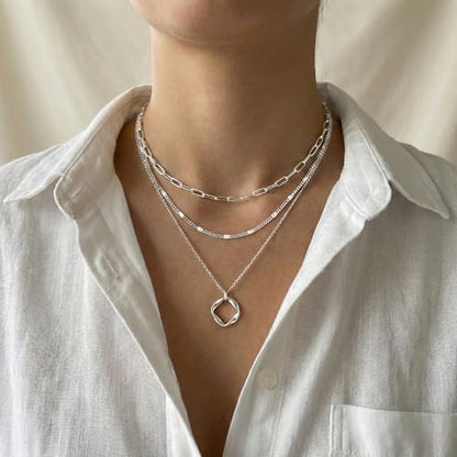 Poxtex Layered Gold Necklaces for Women, Stackable Dainty 14K Gold Silver Plated Trendy Simple Heart Diamond Cross Bow Circle Pendant Paperclip Choker Dot Chain Necklace,Jewelry Set Gifts for Women - color: Silver, style: Circle1