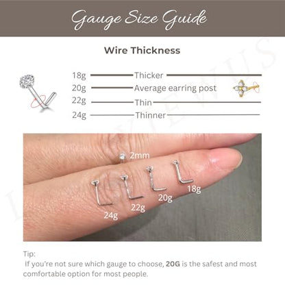 LUCKYJEWUS 925 Sterling Silver Nose Rings Studs for Women Men, 18G / 20G / 22G / 24G L Shaped Nose Stud Nose Piercing Jewelry - size: 2mm CZ, 24 gauge