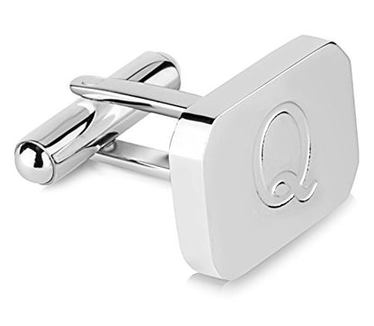 18K White-Gold Plated Initial Engraved Stainless Steel Men’s Cufflinks With Gift Box -Personalized Alphabet Letter’s A-Z By Lux & Pair - style: Q- White Gold