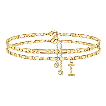 Ursteel Ankle Bracelets for Women, 14K-Gold-Plated Dainty Layered Chain CZ Initial Anklets Set Summer Jewelry Gifts for Women - style: I-Gold-Plated