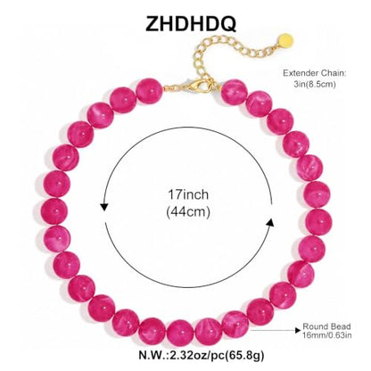Multicolor Chunky Beaded Necklace, Statement Colorful Round Ball Beads Choker Necklace with Gold-Tone Adjustable Chain, Fashion Bold Neck Jewelry for Women - color: 16mm-Magenta