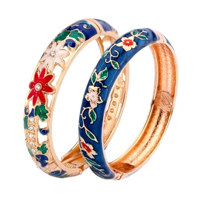 UJOY Cloisonne Bangle Colorful Enamel Filigree Rose Flower Hollowed Crystal Bracelet for Women Gifts 88A09 - color: C11-2 Pcs Set-Navy Blue