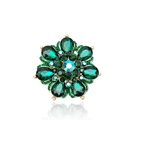 Flower Shape Crystal Cocktail Stretch Ring Party Prom Floral Statement Elastic Ring for Women - color: 2RI255-emerald-gold tone