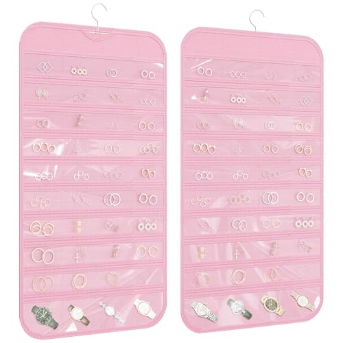 Hanging Jewelry Organizer 80-Pocket Double-Sided Storage, 1-Pack, Pink | Foldable clear PVC 80-pocket storage; swivel hook fits walls, doors & rods to organize earrings, necklaces, bracelets & rings - color: Pink