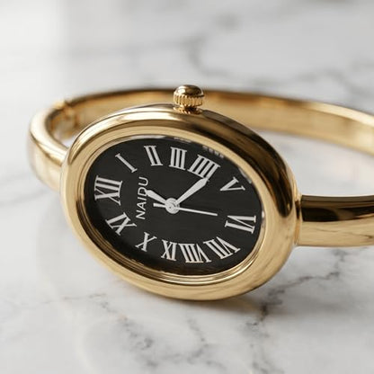 Women's Oval Bangle Watch, Elegant Open-Cuff Bracelet Wrist Watch with Roman Numeral Dial, Minimalist Luxury Fashion Quartz Watch for Ladies - color: Gold/Black