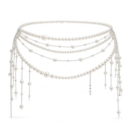 Pearl Waist Chain, Chain & Waist Belt for Women, Hip & Bride Waist Chain, Multilayer Tassel Belly Pearl Body Chain for Wedding Dress