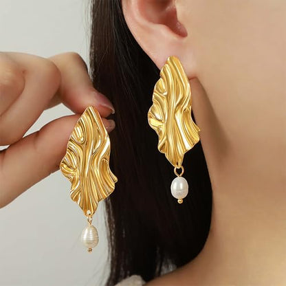 Large Geometric Drop Dangle Earrings for Women Pearl Teardrop Disc Rectangle Oval Fishtail Shell Shaped Textured Dangle Studs Earrings for Women - color: Gold-Pearl