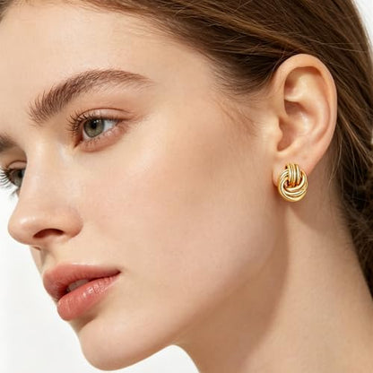 Gold Statement Earrings For Women, 14K Gold Plated Textured Geometric Drop Earrings - Hypoallergenic Stainless Steel Statement Earrings for Women, Waterproof Fan-Shaped Dangle Earrings for Beach & Daily Wear - color: Knot Gold YE03GL