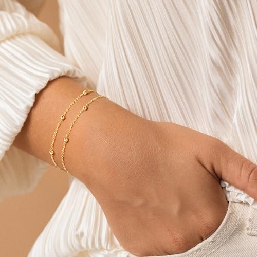 Turandoss Bracelets for Women Trendy | 14K Gold Plated, Dainty CZ Satellite Beads Heart Bracelet Stackable Link Chain Butterfly Bracelet Set Jewelry Gifts - color: Satellite Beaded Link Bracelet