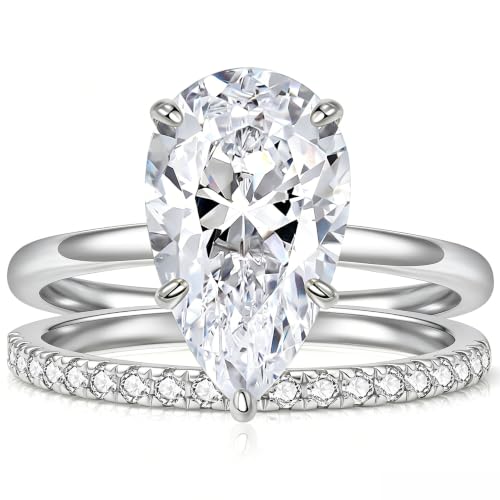 5CT Elongated Pear Shaped Cut Engagement Ring Set for Women, Wedding Promise Cubic Zirconia Band, 14K Gold/White Gold Plated Stackable Bridal Eternity Rings, Size 5-9 - color: Silver