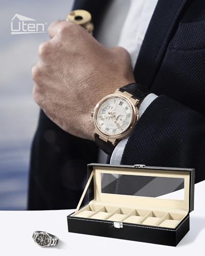 Uten Watch Box 6 Slots, Watch Storage Display with Glass Lid - color: Black + Beige, size: 6 Slots