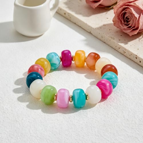 Chunky Beaded Bracelet for Women-Boho Bold Acrylic Resin Stretch Bracelets Trendy Summer Beach Elastic Bangle Vacation Jewelry Accessories - color: Style 1-Colorful
