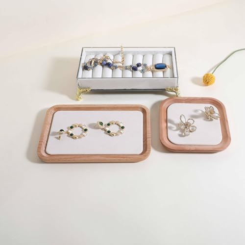 velvet Jewelry organizer tray, Beech wood Jewelry Display Plate, Beige Jewelry Viewing Tray, Jewelry showcase tray for Necklace Bracelet Ring Earring stand holder (Cream-Medium,7.1x 5.1 in) - size: Medium
