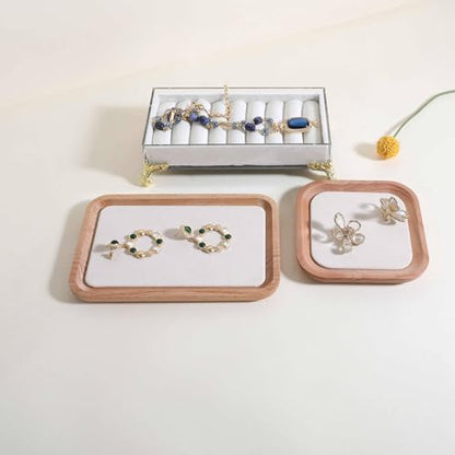 velvet Jewelry organizer tray, Beech wood Jewelry Display Plate, Beige Jewelry Viewing Tray, Jewelry showcase tray for Necklace Bracelet Ring Earring stand holder (Cream-Medium,7.1x 5.1 in) - size: Medium