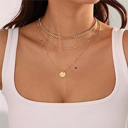 ASCOMY Layered Necklaces for Women Dainty Gold Necklace 14K Gold Plated Herringbone Necklace for Women Pearl Cross Necklace Paperclip Cuban Figaro Rope Satellite Chain Gold Choker Trendy Jewelry Gift - style: 3Layered Cuban Bar Coin-GD