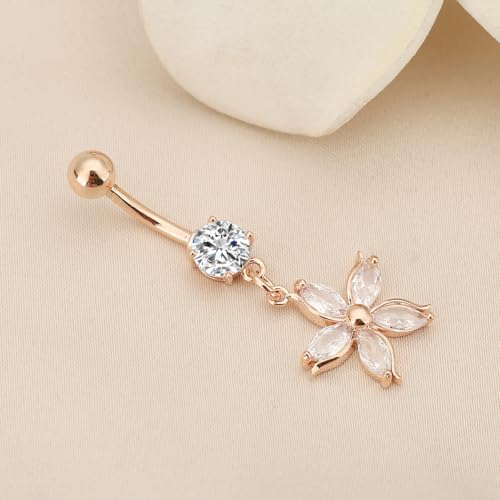 14G Crystal Flower Dangle Belly Button Ring for Women Stainless Steel Rhinestone Fashion Statement Lucky Floral Dangling Charm Curved Barbell Navel Rings Simple Sexy Summer Beach Body Piercing Jewelry - color: Rose Gold