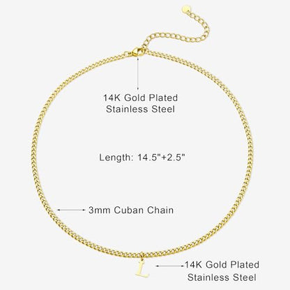 Gold Initial Necklace for Women, 3mm Cuban Link Letter Necklace, 14.5"+2.5" Adjustable Choker, Gold Plated A-Z Alphabet Pendant Necklace, Personalized Jewelry Gift for Her - style: L