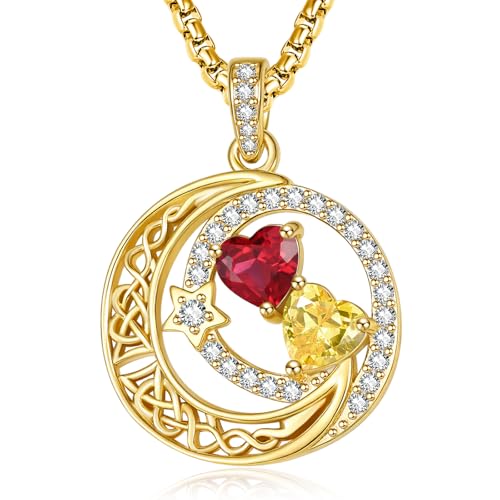 14K Gold Moon and Star Double Birthstone Necklace Gifts for Women | 2 Heart Birthstone Necklace,Mothers Day Wedding Anniversary Birthday Gifts for Wife Mom Daughter Grandma Sister - color: 07-11-Jul-Nov Birthstone