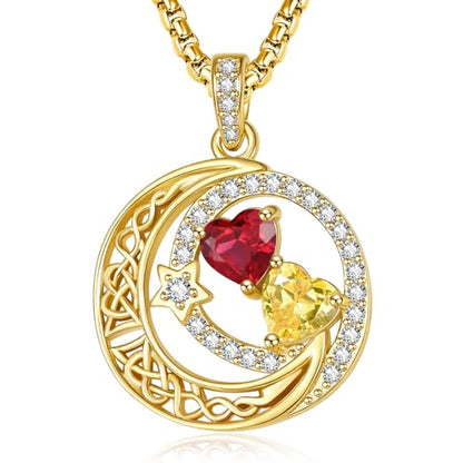 14K Gold Moon and Star Double Birthstone Necklace Gifts for Women | 2 Heart Birthstone Necklace,Mothers Day Wedding Anniversary Birthday Gifts for Wife Mom Daughter Grandma Sister - color: 07-11-Jul-Nov Birthstone