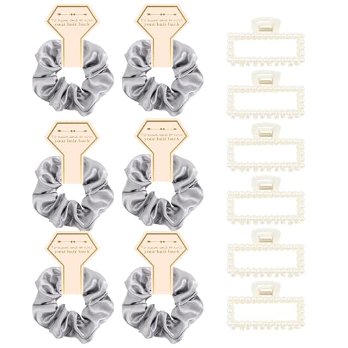 Bridesmaid Proposal Gifts, 12 PCS Bridesmaids Silk Hair Scrunchies & Pearl Hair Clips Set for Women Bachelorette Party Favors Bridal Shower Favors Bridesmaids Gifts for Wedding Day (Gray) - color: Gray