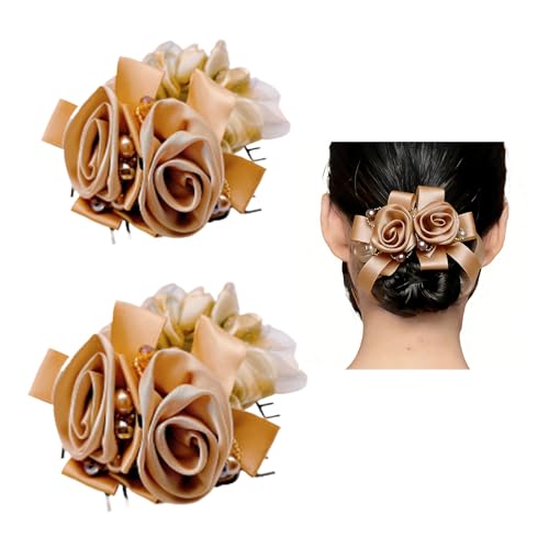 Satin Hair Scrunchie with Rose Flower, Brown and Gold, Pearl Beads, Ribbon Bow, Hair Tie Accessory, 9cm (yellower) - color: yellower