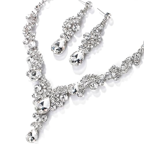 EVER FAITH Rhinestone Crystal Bridal Floral Wave Teardrop Necklace Earrings Set - color: 2pcs_Clear