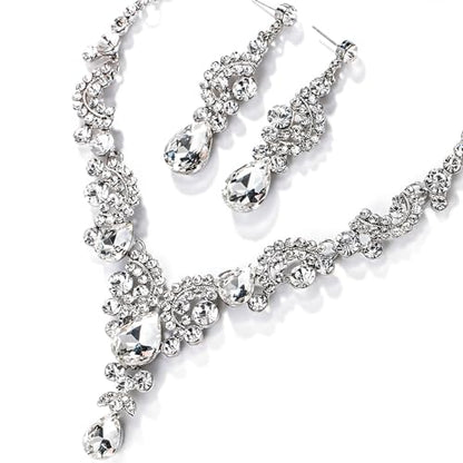 EVER FAITH Rhinestone Crystal Bridal Floral Wave Teardrop Necklace Earrings Set - color: 2pcs_Clear