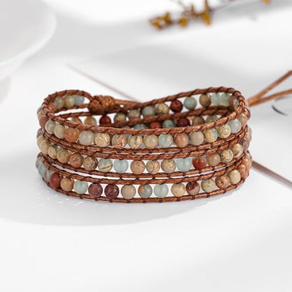 Plumiss Women Boho Handmade Natural Stone Crystal Leather Bead Wrap Bracelets Collection - style: 4mm Agalmatolite 3W
