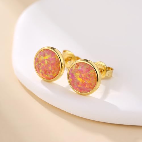 Jiamiaoi 18K White Gold Plated Opal Earrings s925 Sterling Silver Opal Stud Earrings Hypoallergenic Earring Studs For Women Men, 6mm-8mm Options - color: f-pink yellow, size: 8mm