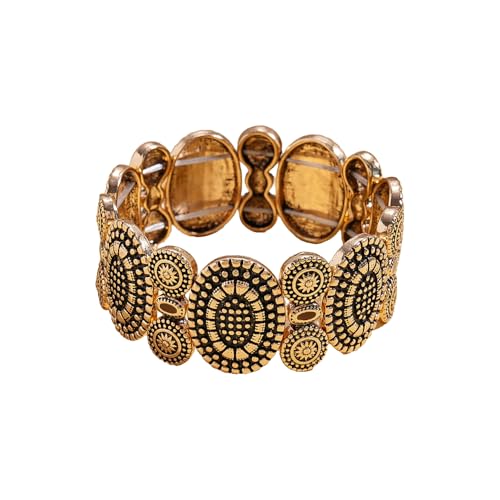 OIDIMS Vintage Round Engraved Charm Bracelet for Women Bohemian Elastic Stretch Bracelets Adjustable Stacking Bangle Fashion Hand Wrist Band Trendy Boho Outfits Dresses Western Jewelry for Her - color: Gold-Tone