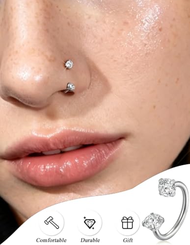 Akeoqi Horseshoe Nose Ring 20G 316L Surgical Steel Double CZ Internally Threaded Cartilage Helix Tragus Earrings for Women Men Septum Nostril Lip Eyebrow Piercing 8MM Gold Silver Plated - color: Silver-20G-8MM-White Clear CZ