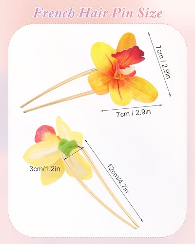 WELROG 3-Pcs Metal Hawaiian Orchid Hair Pins, Non-Slip Stick for Beach Updo | Tropical Flower Vibes,Weddings and Vacations - color: Yellow+Pink+Greem