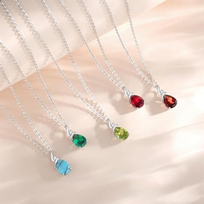 FANCIME 14K Solid White Gold Birthstone Pendant Necklace for Women with Diamond Pear Shaped Teardrop Necklace Birthday Gifts for Mom Women,Sterling Silver Chain 16" + 2" Extender - color: 07-Ruby