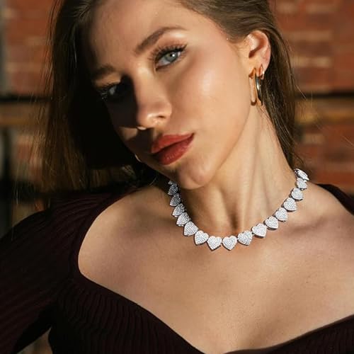 Zeffy Dainty Gold Heart Necklace for Women Trendy 14K Gold/Silver Plate Cute Heart Pendant Choker Necklaces Gold Love Heart Chain Necklace for Women Dainty Gold Jewelry Gifts for Women - style: Diamond Heart Cuban Link Chain-Silver