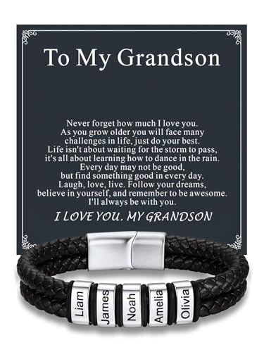 Custom4U Personalized Braided Leather Bracelet for Men with Name Engraved | 1-5 Name Engraving, Stainless Steel Bead, 7.5/8.3/9 Inch Black Leather, Gift Design for Men with Custom Keepsake Cards - color: 01-Steel Color-To My Grandson, size: 5 Names