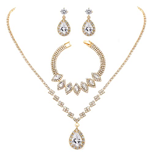 Unicra Bride Crystal Necklace Earrings Set Bridal Wedding Jewelry Sets Rhinestone Choker Necklace Prom Costume Jewelry Set for Women and Brides - color: E-3 Pack Gold Necklace Bracelet Earrings