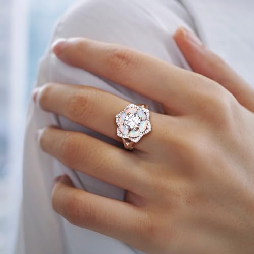 Flower Cocktail Ring for Women Stone Engagement Anniversary Rings | Sterling Silve|Hypoallergenic|Ruby|Sapphire|Emerald|Wedding and Birthday Party Women Statement Ring|Mother and Grandma Gift - color: Opal (Oct.)