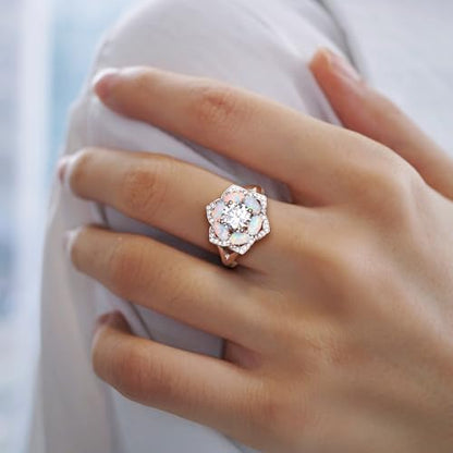 Flower Cocktail Ring for Women Stone Engagement Anniversary Rings | Sterling Silve|Hypoallergenic|Ruby|Sapphire|Emerald|Wedding and Birthday Party Women Statement Ring|Mother and Grandma Gift - color: Opal (Oct.)